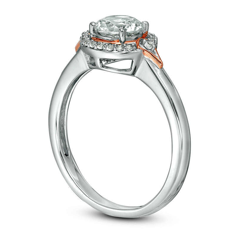 6.0mm Lab-Created White Sapphire Frame Pendulum Side Accent Ring in Sterling Silver and Solid 14K Rose Gold Plate