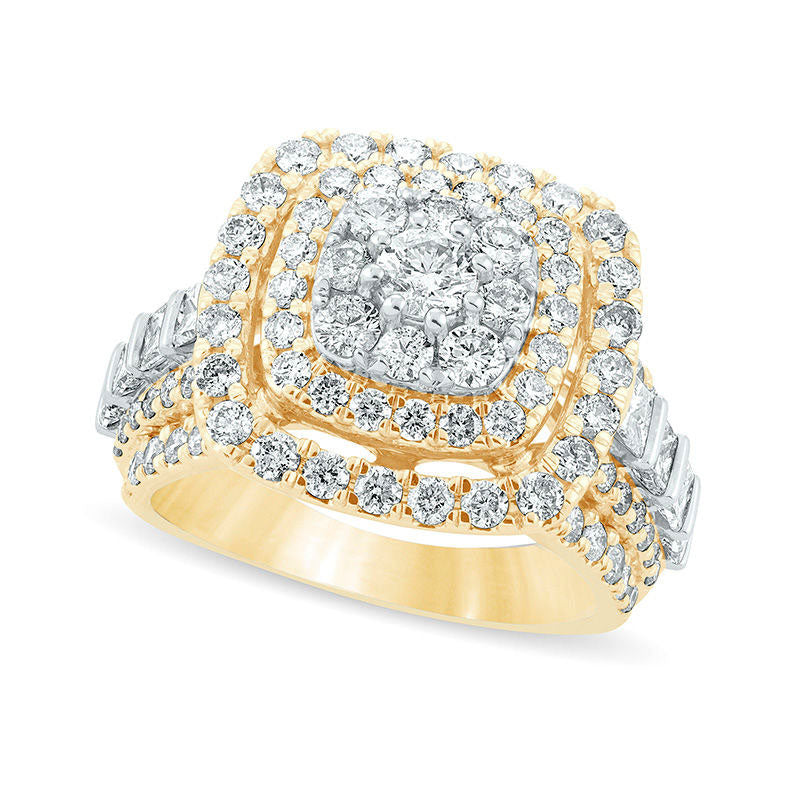 3.0 CT. T.W. Natural Diamond Triple Cushion Frame Multi-Row Engagement Ring in Solid 10K Yellow Gold