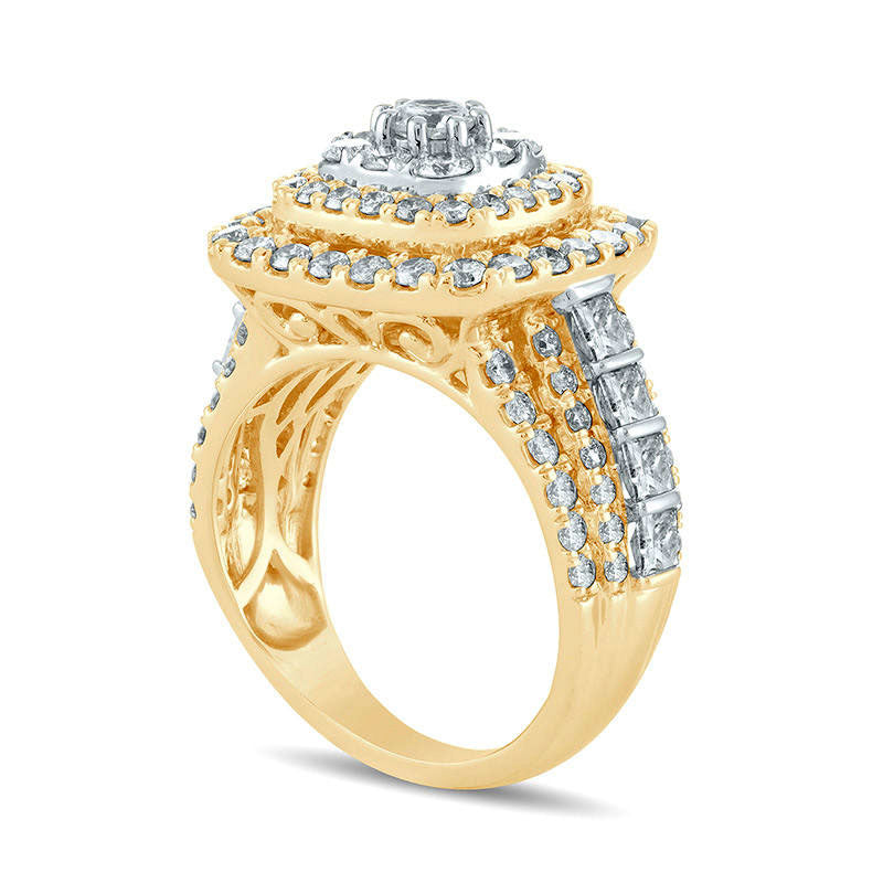 3.0 CT. T.W. Natural Diamond Triple Cushion Frame Multi-Row Engagement Ring in Solid 10K Yellow Gold