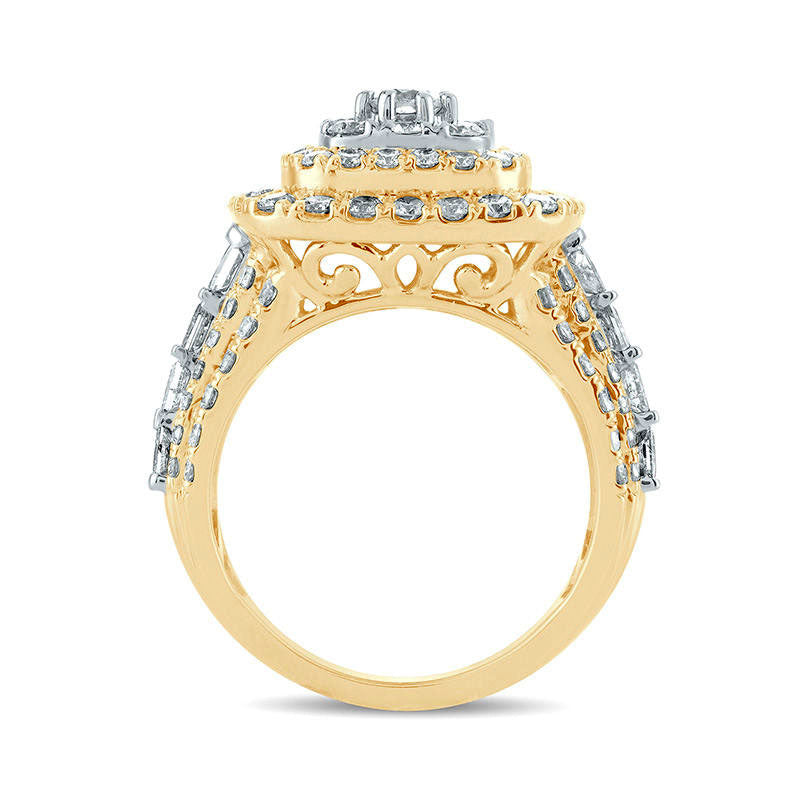 3.0 CT. T.W. Natural Diamond Triple Cushion Frame Multi-Row Engagement Ring in Solid 10K Yellow Gold