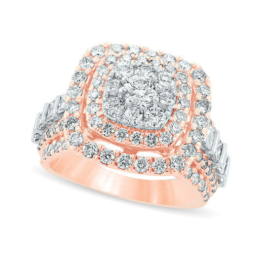 3.0 CT. T.W. Natural Diamond Triple Cushion Frame Multi-Row Engagement Ring in Solid 10K Rose Gold