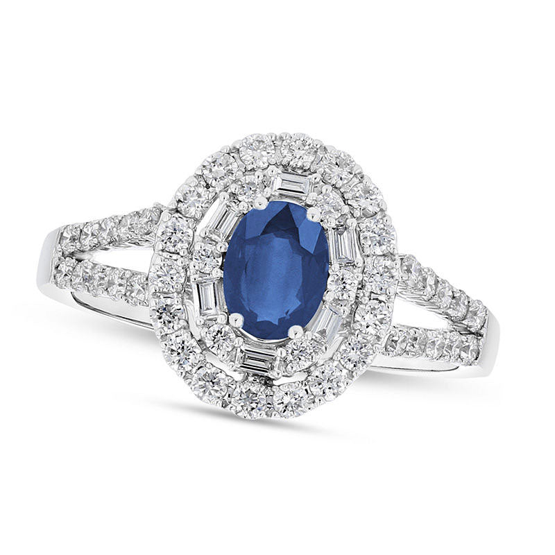 Oval Blue Sapphire and 0.63 CT. T.W. Natural Diamond Double Geometric Frame Split Shank Engagement Ring in Solid 18K White Gold