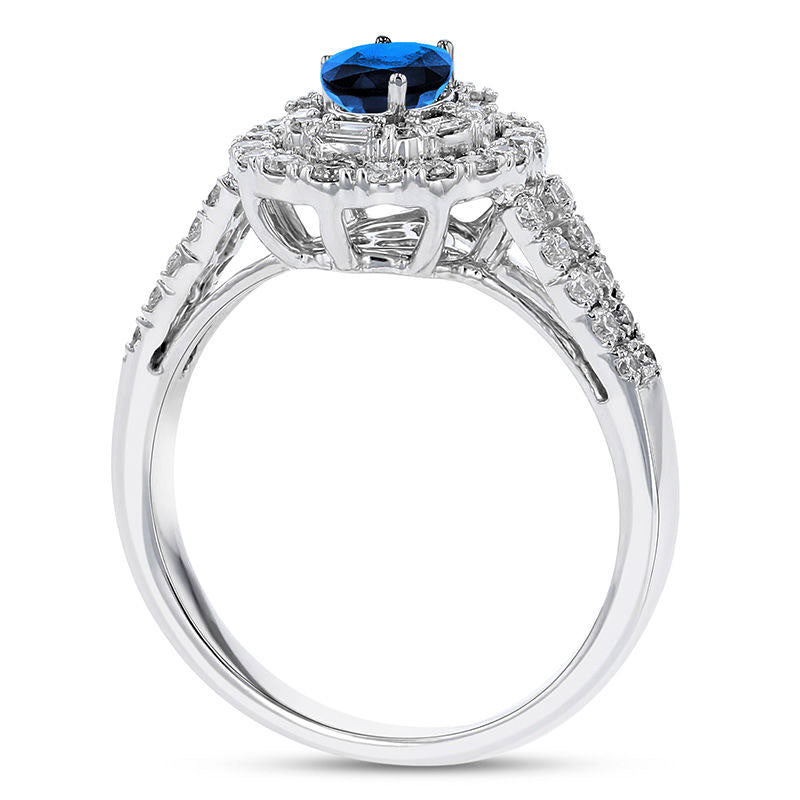 Oval Blue Sapphire and 0.63 CT. T.W. Natural Diamond Double Geometric Frame Split Shank Engagement Ring in Solid 18K White Gold