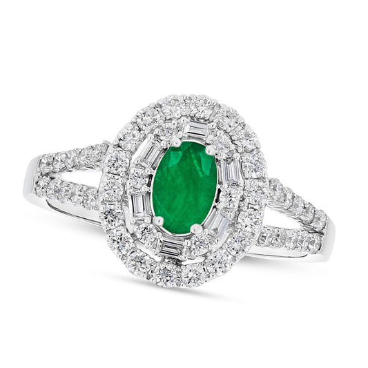 Oval Emerald and 0.63 CT. T.W. Natural Diamond Double Geometric Frame Split Shank Engagement Ring in Solid 18K White Gold