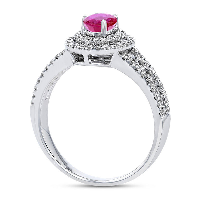 Oval Ruby and 0.63 CT. T.W. Natural Diamond Double Frame Split Shank Engagement Ring in Solid 18K White Gold