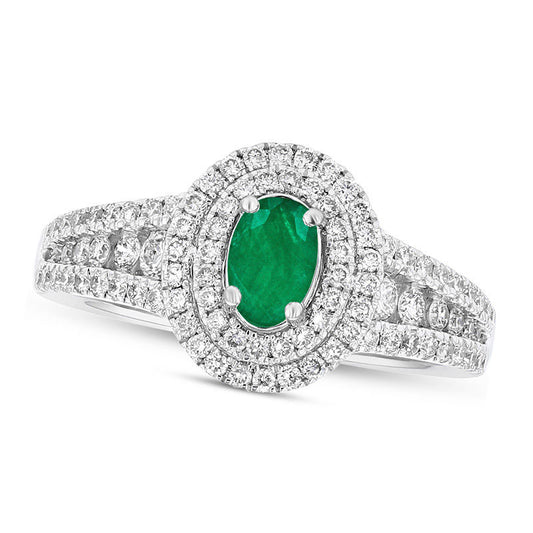 Oval Emerald and 0.63 CT. T.W. Natural Diamond Double Frame Split Shank Engagement Ring in Solid 18K White Gold