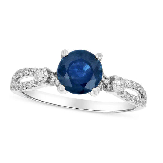 5.0mm Blue Sapphire and 0.33 CT. T.W. Natural Diamond Side Accent Split Shank Engagement Ring in Solid 18K White Gold