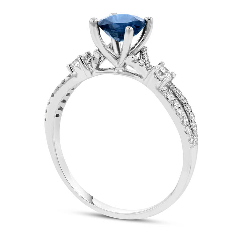 5.0mm Blue Sapphire and 0.33 CT. T.W. Natural Diamond Side Accent Split Shank Engagement Ring in Solid 18K White Gold