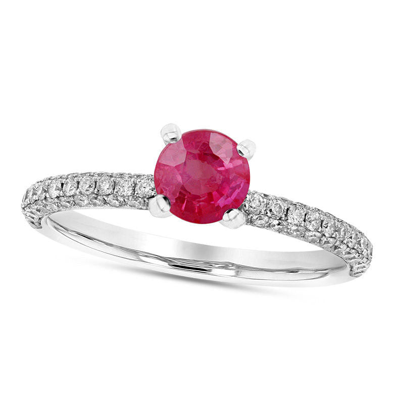 4.5mm Ruby and 0.38 CT. T.W. Natural Diamond Pavé Engagement Ring in Solid 18K White Gold