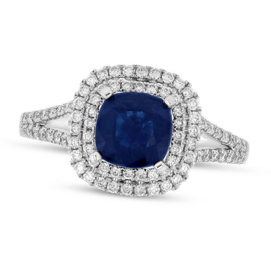 6.0mm Cushion-Cut Blue Sapphire and 0.38 CT. T.W. Natural Diamond Double Frame Split Shank Engagement Ring in Solid 14K White Gold