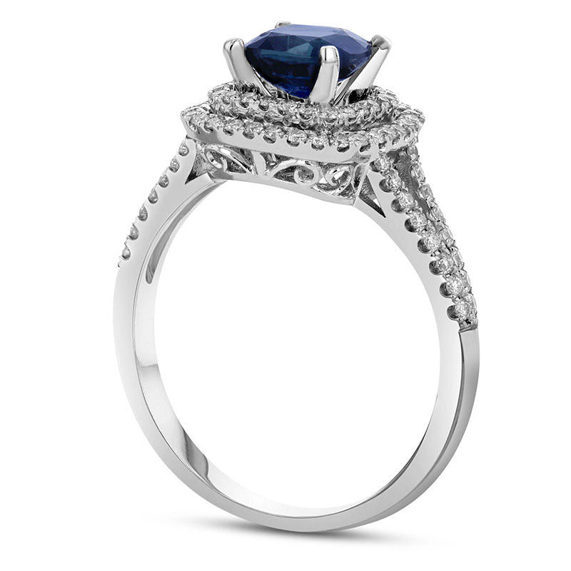 6.0mm Cushion-Cut Blue Sapphire and 0.38 CT. T.W. Natural Diamond Double Frame Split Shank Engagement Ring in Solid 14K White Gold