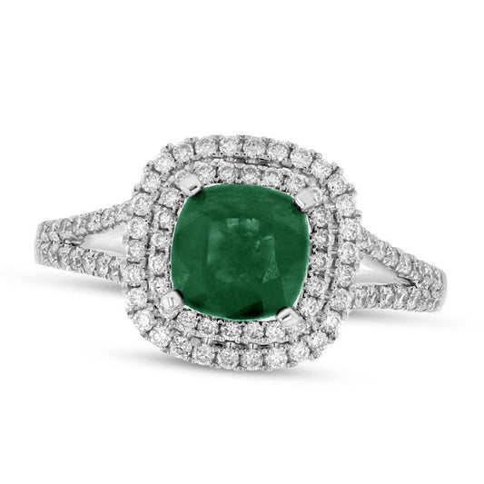 6.0mm Cushion-Cut Emerald and 0.38 CT. T.W. Natural Diamond Double Frame Split Shank Engagement Ring in Solid 14K White Gold