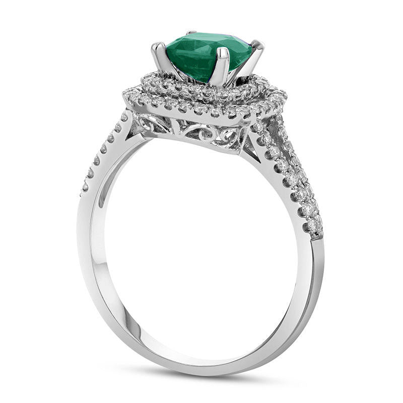 6.0mm Cushion-Cut Emerald and 0.38 CT. T.W. Natural Diamond Double Frame Split Shank Engagement Ring in Solid 14K White Gold