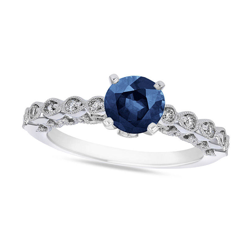 6.0mm Blue Sapphire and 0.20 CT. T.W. Natural Diamond Teardrop Shank Antique Vintage-Style Engagement Ring in Solid 14K White Gold