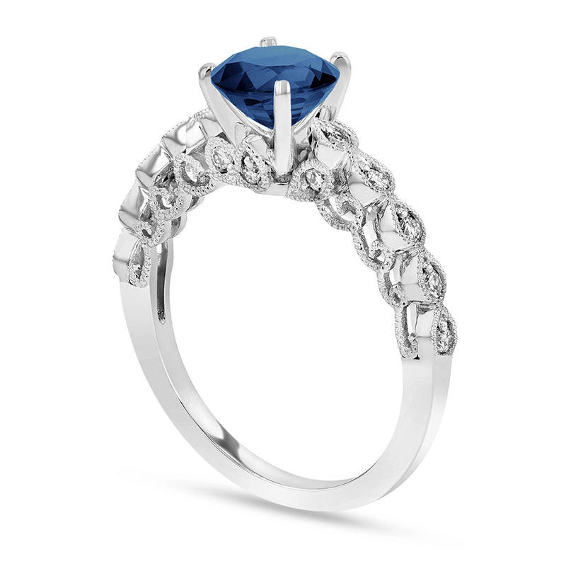 6.0mm Blue Sapphire and 0.20 CT. T.W. Natural Diamond Teardrop Shank Antique Vintage-Style Engagement Ring in Solid 14K White Gold