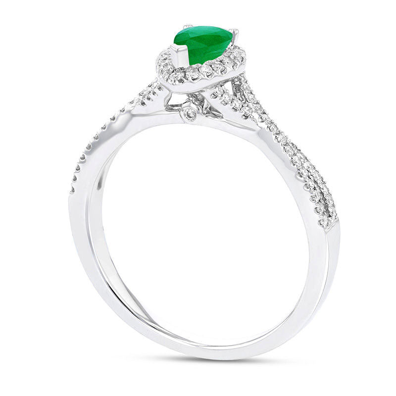 Pear-Shaped Emerald and 0.20 CT. T.W. Natural Diamond Frame Crossover Engagement Ring in Solid 18K White Gold