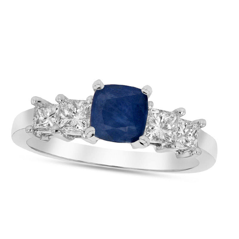 5.0mm Cushion-Cut Blue Sapphire and 0.63 CT. T.W. Princess-Cut Natural Diamond Engagement Ring in Solid 14K White Gold