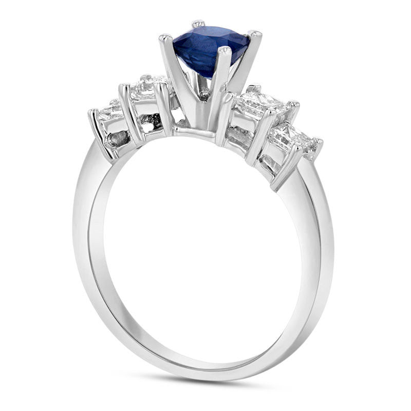 5.0mm Cushion-Cut Blue Sapphire and 0.63 CT. T.W. Princess-Cut Natural Diamond Engagement Ring in Solid 14K White Gold