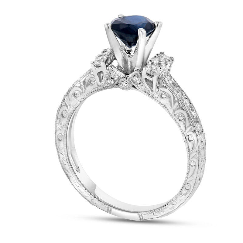 Oval Blue Sapphire and 0.33 CT. T.W. Natural Diamond Trio Collar Antique Vintage-Style Engagement Ring in Solid 14K White Gold