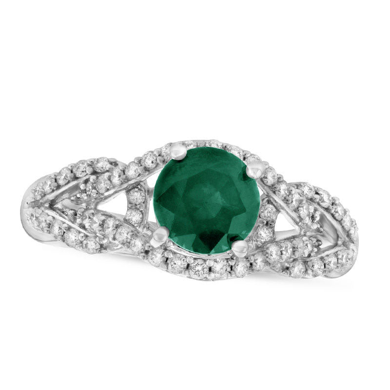 5.5mm Emerald and 0.38 CT. T.W. Natural Diamond Loop Shank Engagement Ring in Solid 14K White Gold