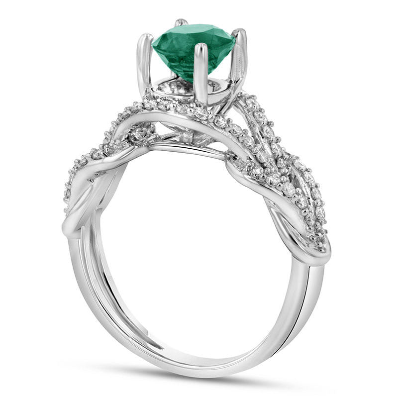 5.5mm Emerald and 0.38 CT. T.W. Natural Diamond Loop Shank Engagement Ring in Solid 14K White Gold