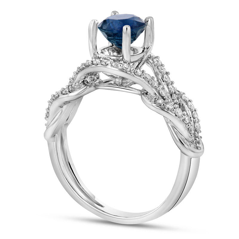 5.5mm Blue Sapphire and 0.38 CT. T.W. Natural Diamond Loop Shank Engagement Ring in Solid 14K White Gold