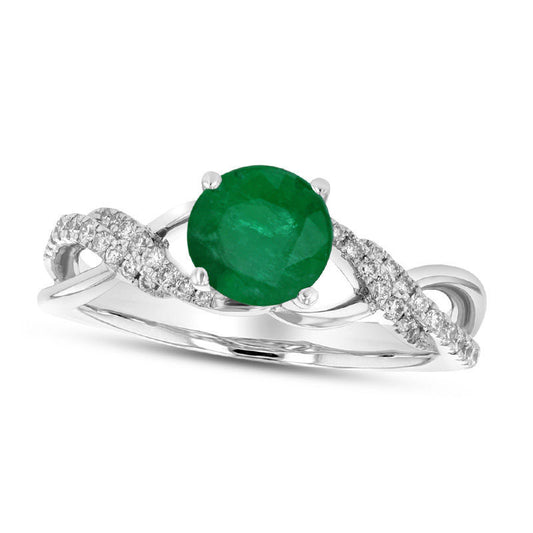 5.5mm Emerald and 0.17 CT. T.W. Natural Diamond Double Row Open Crossover Engagement Ring in Solid 18K White Gold