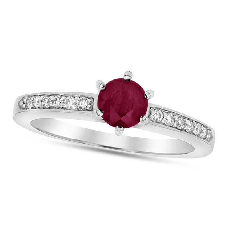 4.5mm Ruby and 0.13 CT. T.W. Natural Diamond Engagement Ring in Solid 14K White Gold