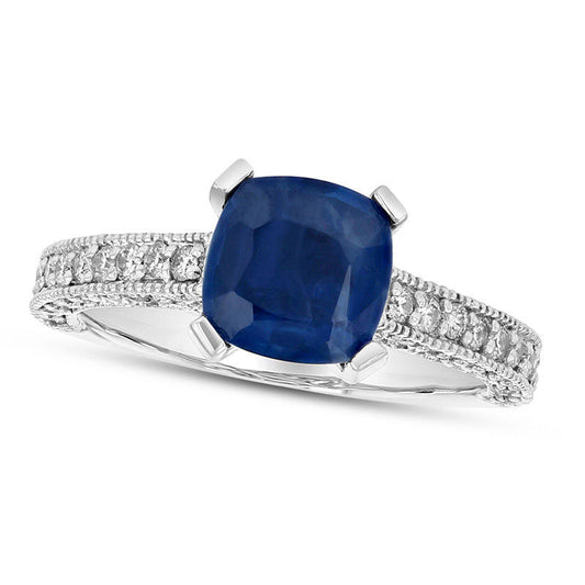 6.0mm Cushion-Cut Blue Sapphire and 0.50 CT. T.W. Natural Diamond Antique Vintage-Style Engagement Ring in Solid 14K White Gold