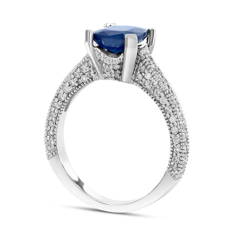 6.0mm Cushion-Cut Blue Sapphire and 0.50 CT. T.W. Natural Diamond Antique Vintage-Style Engagement Ring in Solid 14K White Gold