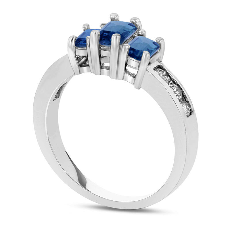 Emerald-Cut Blue Sapphire and 0.33 CT. T.W. Natural Diamond Channel Three Stone Engagement Ring in Solid 14K White Gold