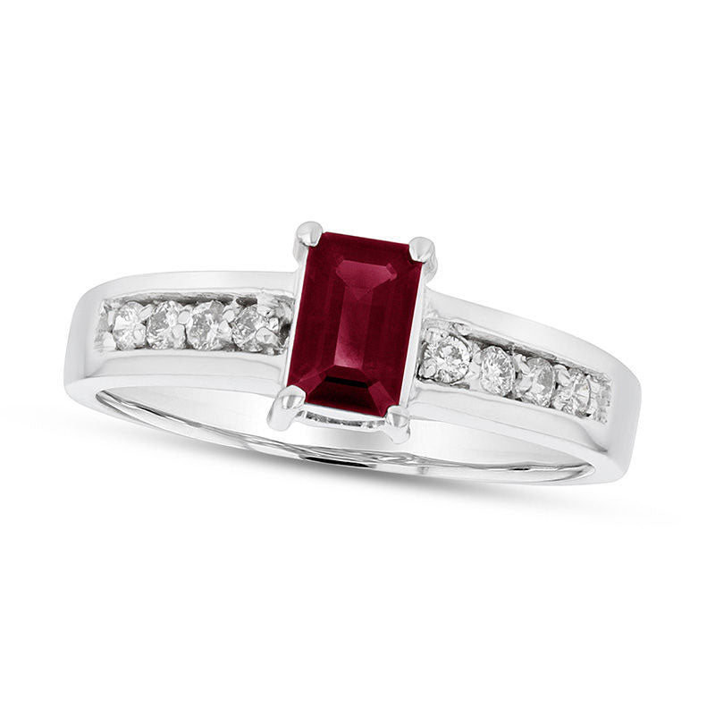 Emerald-Cut Ruby and 0.17 CT. T.W. Natural Diamond Engagement Ring in Solid 14K White Gold