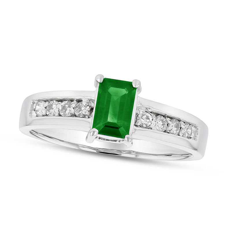 Emerald-Cut Emerald and 0.17 CT. T.W. Natural Diamond Engagement Ring in Solid 14K White Gold