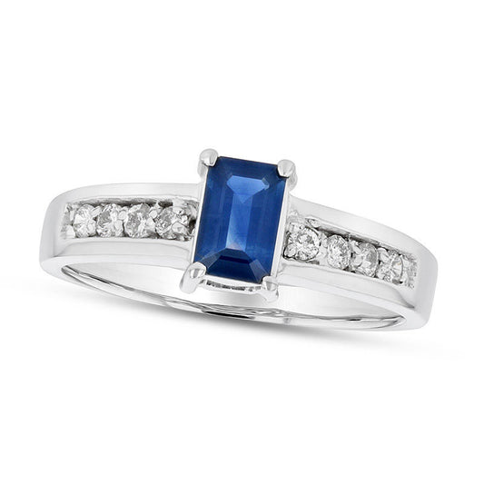 Emerald-Cut Blue Sapphire and 0.17 CT. T.W. Natural Diamond Channel Engagement Ring in Solid 14K White Gold