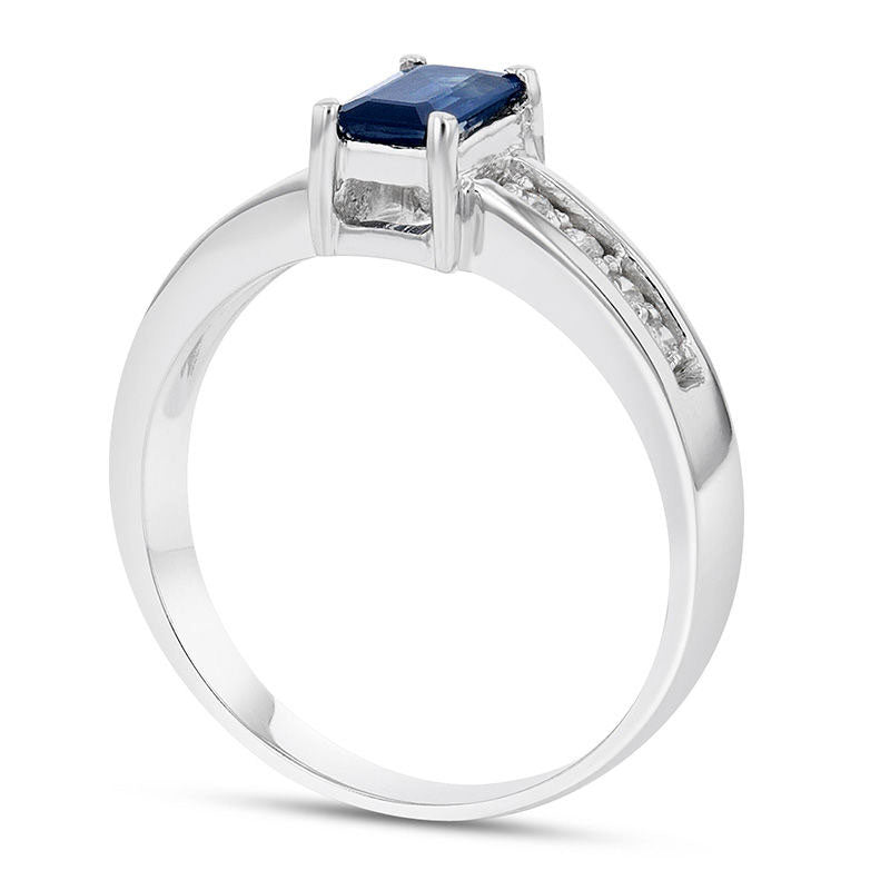 Emerald-Cut Blue Sapphire and 0.17 CT. T.W. Natural Diamond Channel Engagement Ring in Solid 14K White Gold