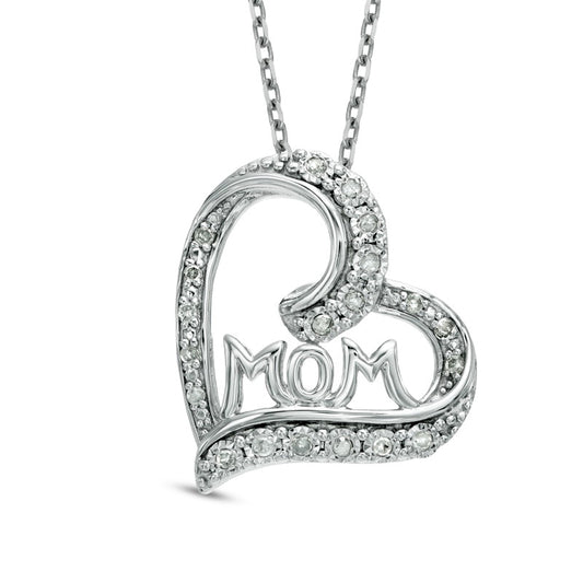 0.1 CT. T.W. Natural Diamond Tilted Heart with "MOM" Pendant in Sterling Silver