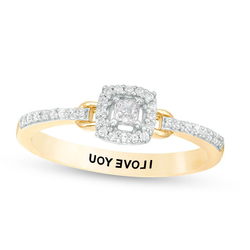 Engravable 0.20 CT. T.W. Princess-Cut Natural Diamond Frame Buckle Promise Ring in Solid 10K White, Yellow or Rose Gold (1 Line)