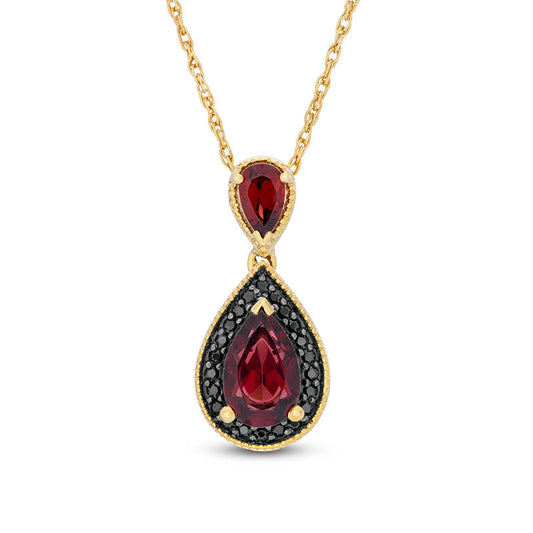 Pear-Shaped Garnet and 0.1 CT. T.W. Enhanced Black Natural Diamond Frame Antique Vintage-Style Drop Pendant in 10K Yellow Gold