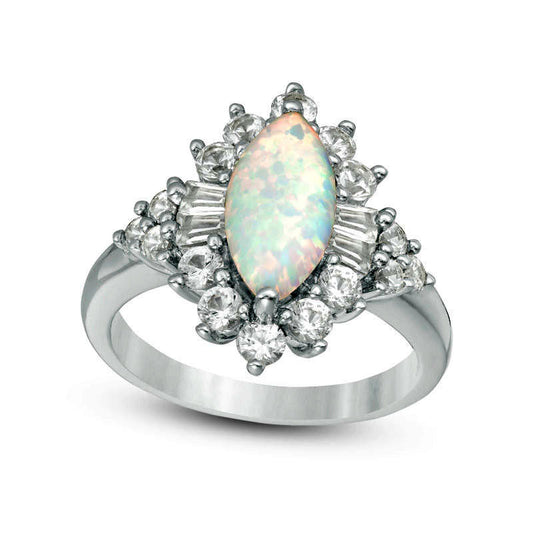 Marquise Lab-Created Opal and White Sapphire Starburst Frame Ring in Sterling Silver