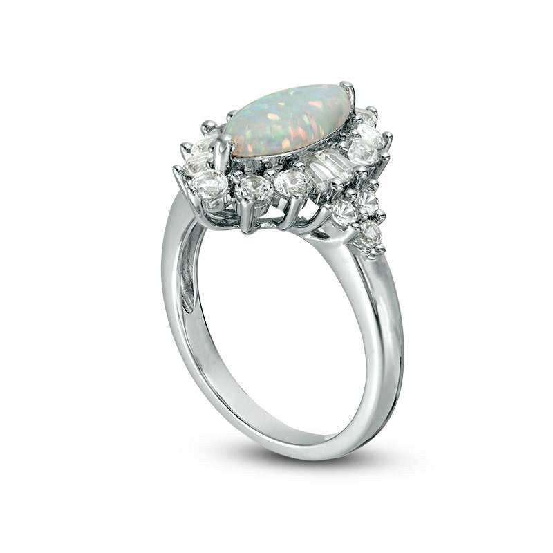 Marquise Lab-Created Opal and White Sapphire Starburst Frame Ring in Sterling Silver