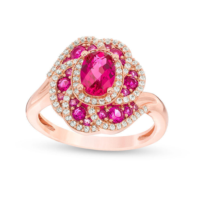 Oval Lab-Created Ruby and White Sapphire Flower Frame Ring in Sterling Silver with Solid 14K Rose Gold Plate