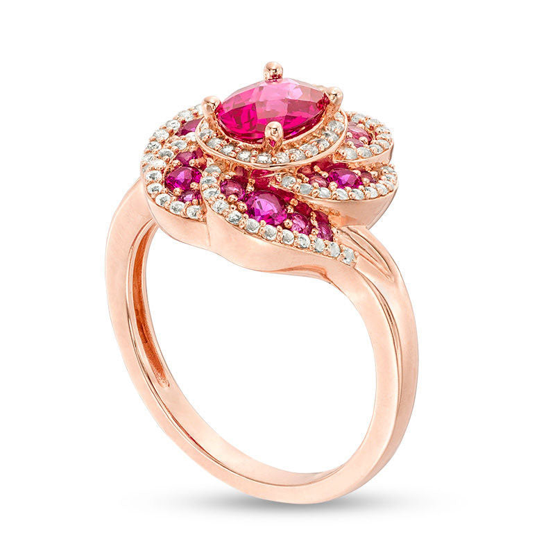 Oval Lab-Created Ruby and White Sapphire Flower Frame Ring in Sterling Silver with Solid 14K Rose Gold Plate