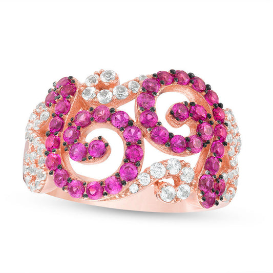 Lab-Created Ruby and White Sapphire Swirl Filigree Ring in Sterling Silver with Solid 14K Rose Gold Plate