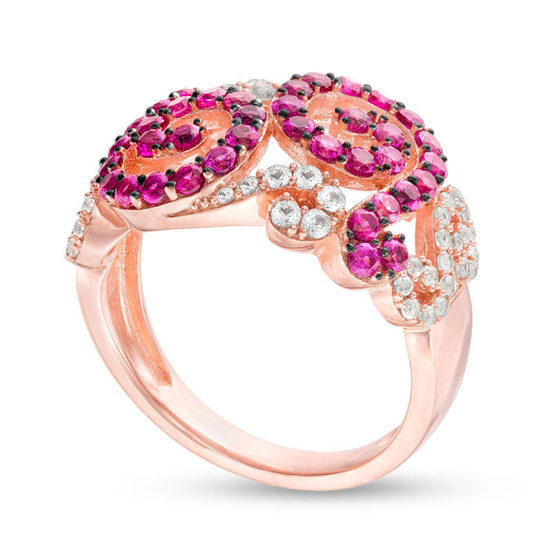 Lab-Created Ruby and White Sapphire Swirl Filigree Ring in Sterling Silver with Solid 14K Rose Gold Plate