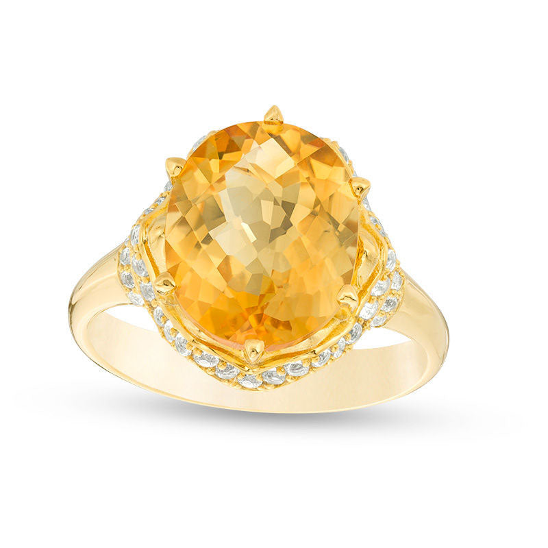 Oval Citrine and 0.33 CT. T.W. Natural Diamond Zig-Zag Collar Ring in Solid 10K Yellow Gold