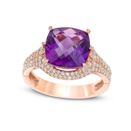 10.0mm Cushion-Cut Amethyst and 0.38 CT. T.W. Natural Diamond Ring in Solid 10K Rose Gold