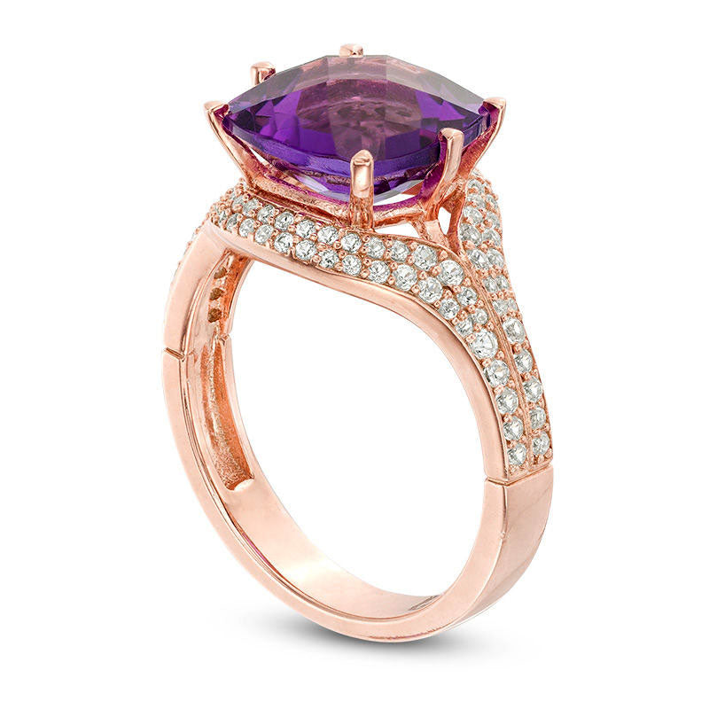 10.0mm Cushion-Cut Amethyst and 0.38 CT. T.W. Natural Diamond Ring in Solid 10K Rose Gold