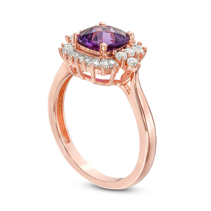 7.0mm Cushion-Cut Amethyst and White Sapphire Frame Tri-Sides Ring in Sterling Silver with Solid 14K Rose Gold Plate