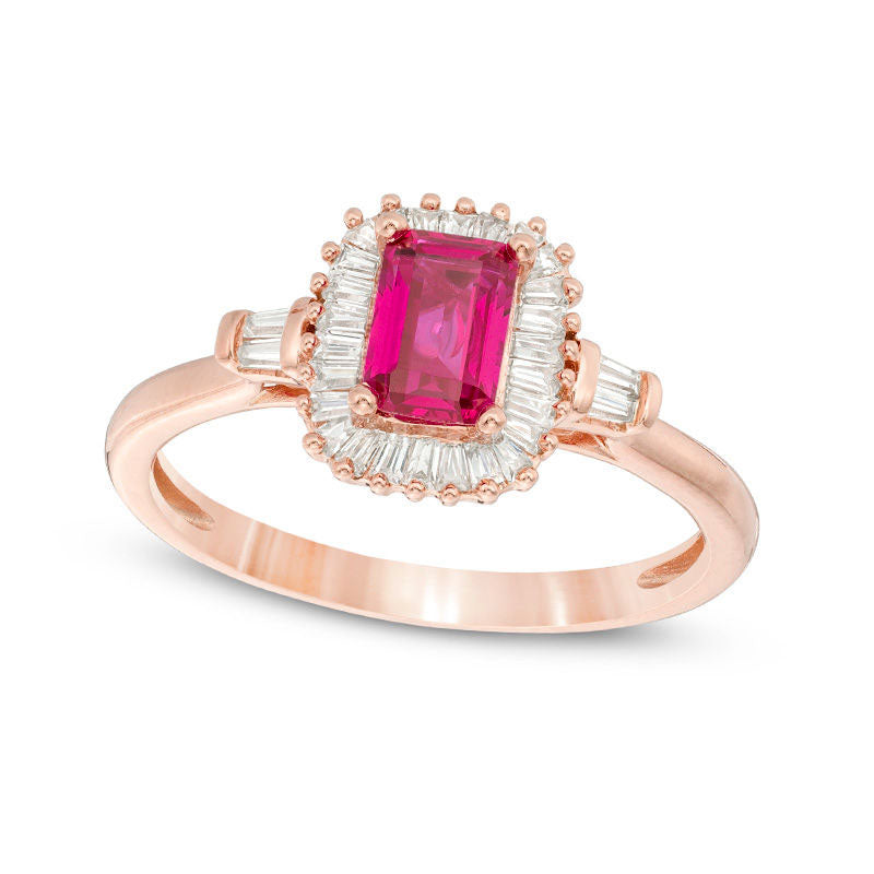 Emerald-Cut Lab-Created Ruby and White Sapphire Sunburst Frame Ring in Sterling Silver with Solid 14K Rose Gold Plate