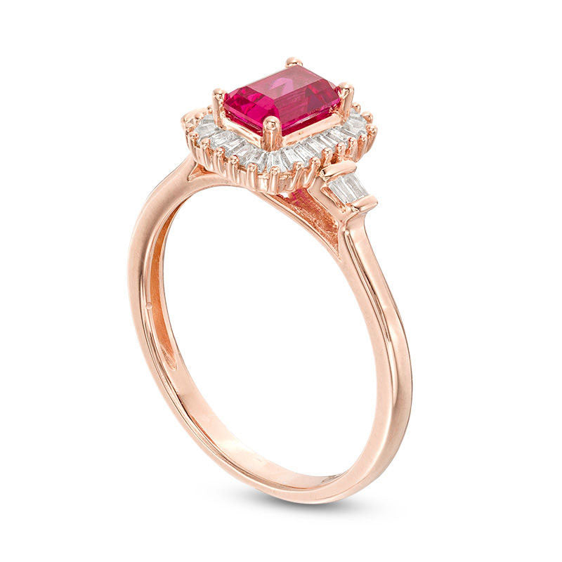 Emerald-Cut Lab-Created Ruby and White Sapphire Sunburst Frame Ring in Sterling Silver with Solid 14K Rose Gold Plate